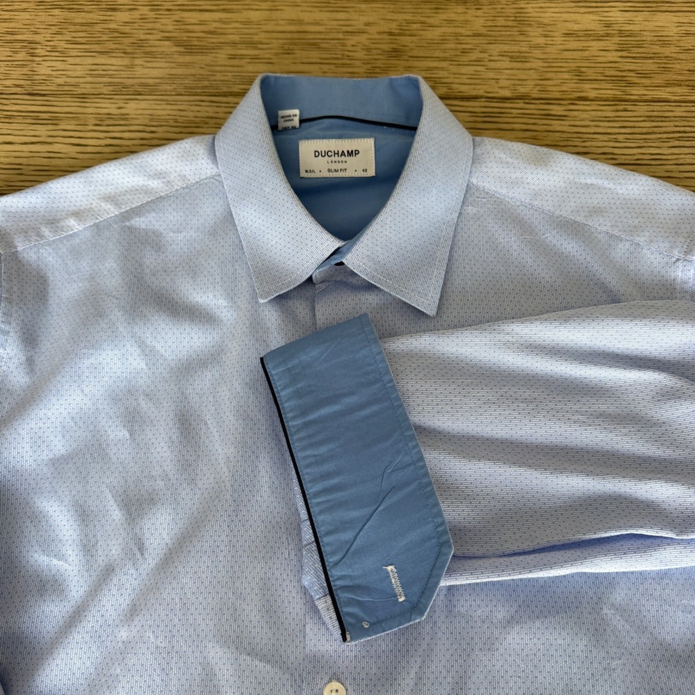 Duchamp London Mens Slim Fit Dress Shirt Light Blue Micro Pattern 16.5 L 42